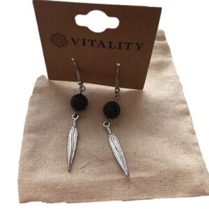 Diffuser Earrings, Lava Stone, Silver, Feather